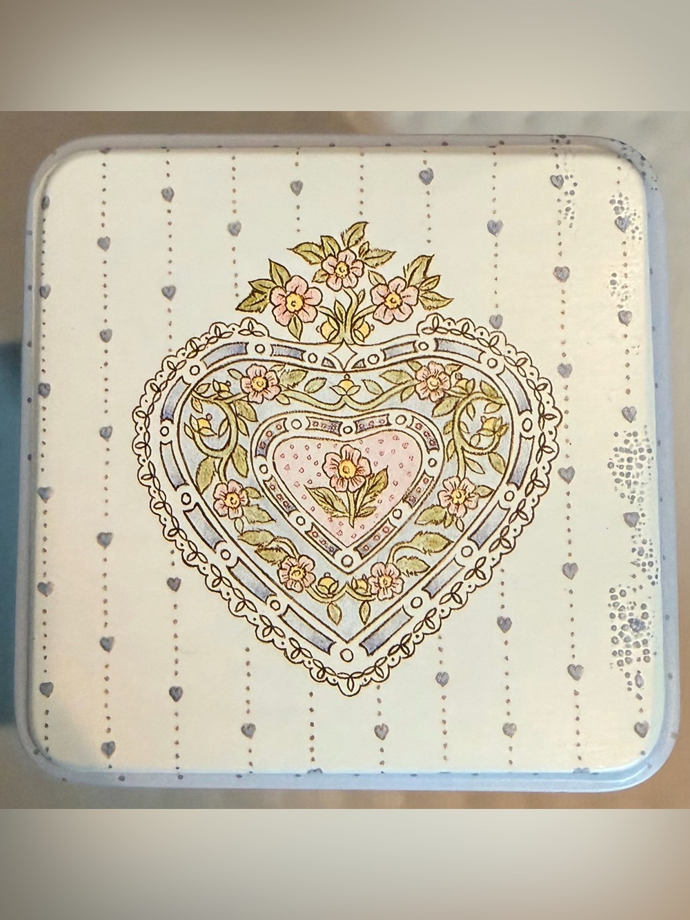 Heart Floral Decorative Vintage Tin - Pastel Pink & Gold Accent